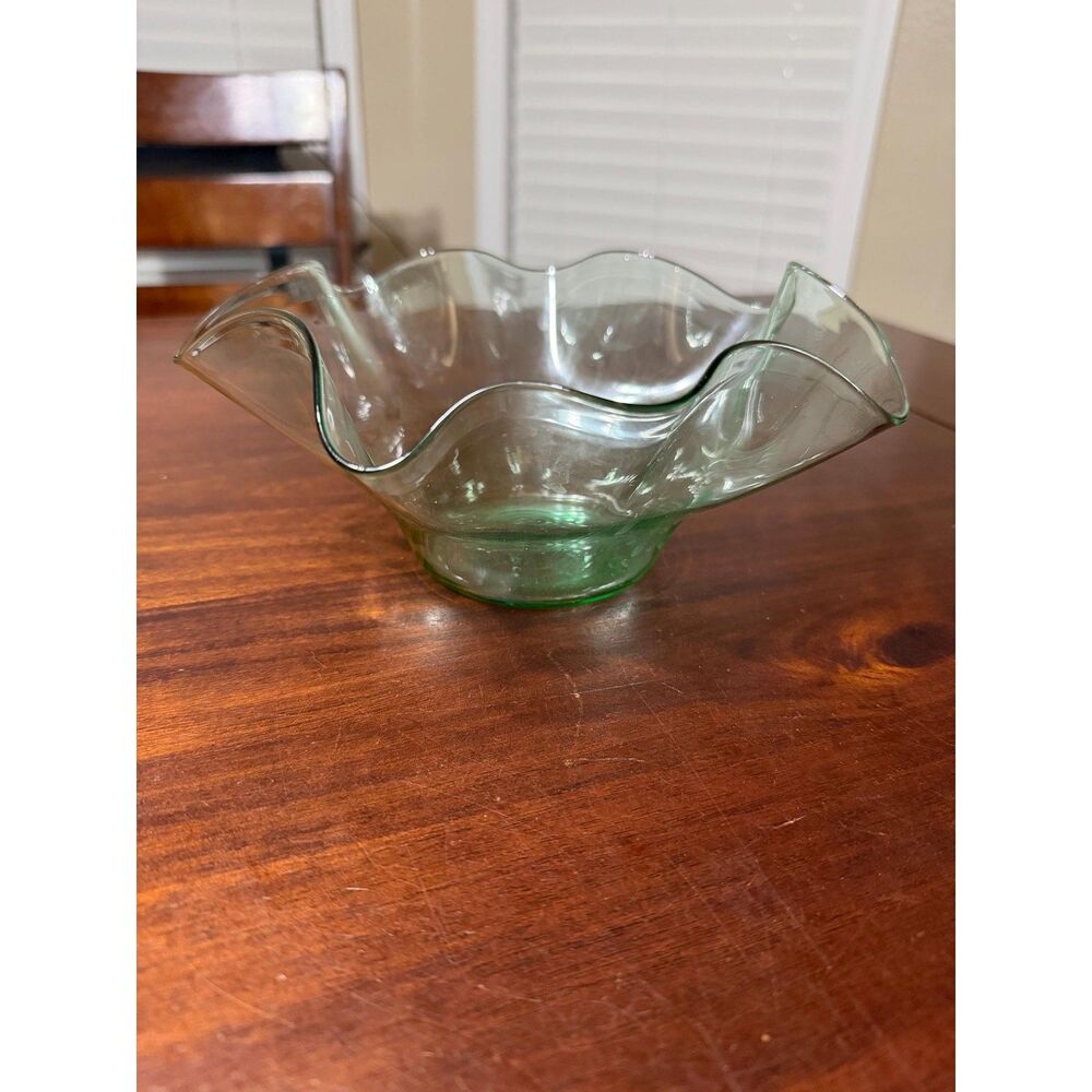 vintage mid-century Blenko Glass sea green hand-blown ruffled centerpiece bowl